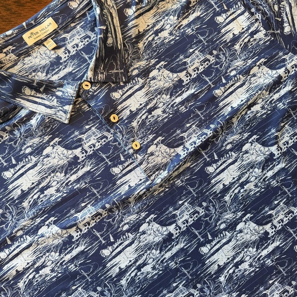 Peter Millar Polo Shirt Mens 3XL Blue Summer Comfort Tropical Golf Print Stretch